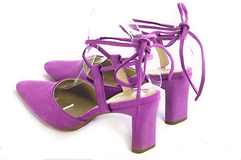 Mauve purple women's open back shoes, with crossed straps. Tapered toe. High comma heels. Rear view - Florence KOOIJMAN